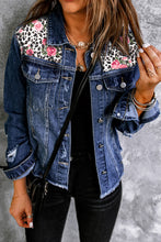 Carregar imagem no visualizador da galeria, Mixed Print Distressed Button Front Denim Jacket
