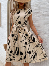 Load image into Gallery viewer, Tied Pleated Printed Cap Sleeve Dress
