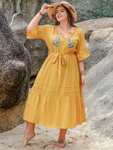 Load image into Gallery viewer, Plus Size Notched Tie Waist Half Sleeve Midi Dress
