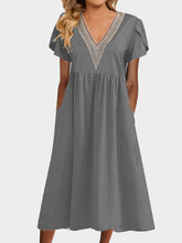 Load image into Gallery viewer, Full Size Lace Detail V-Neck Short Sleeve Dress
