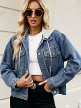 Carregar imagem no visualizador da galeria, Drawstring Hooded Button Up Denim Jacket
