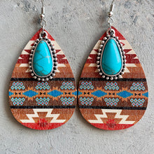 Carregar imagem no visualizador da galeria, Turquoise Teardrop Shape Wooden Dangle Earrings
