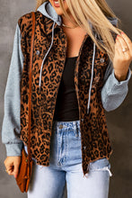 Load image into Gallery viewer, Leopard Distressed Drawstring Hooded Denim Jacket
