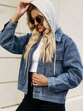 Carregar imagem no visualizador da galeria, Drawstring Hooded Button Up Denim Jacket
