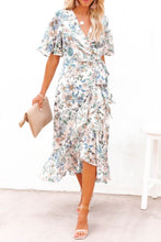 Load image into Gallery viewer, High-Low Printed Surplice Flutter Sleeve Midi Dress
