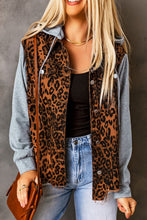 Load image into Gallery viewer, Leopard Distressed Drawstring Hooded Denim Jacket
