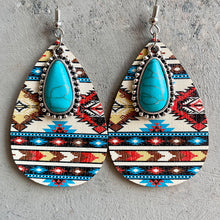 Carregar imagem no visualizador da galeria, Turquoise Teardrop Shape Wooden Dangle Earrings
