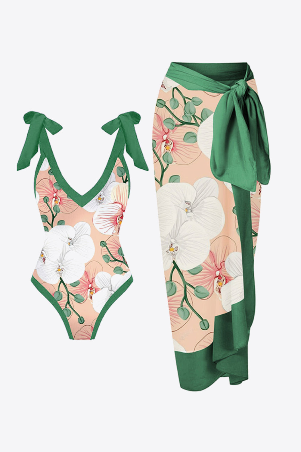 Conjunto de natação floral com decote em V de duas peças