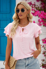 Load image into Gallery viewer, Eyelet Tie-Neck Flutter Sleeve Blouse
