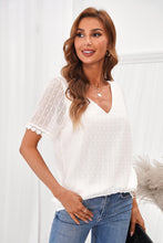 Load image into Gallery viewer, Swiss Dot Lace Trim V-Neck Short Sleeve Blouse
