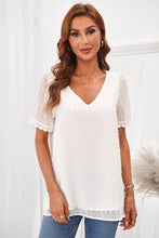 Load image into Gallery viewer, Swiss Dot Lace Trim V-Neck Short Sleeve Blouse
