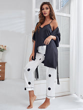 Load image into Gallery viewer, Cami, Robe, and Printed Pants Pajama Set
