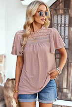 Load image into Gallery viewer, Frill Trim Round Neck Eyelet Puff Sleeve Blouse
