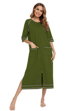 Load image into Gallery viewer, Zip Up Slit Round Neck Night Dress with Pockets
