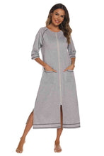 Load image into Gallery viewer, Zip Up Slit Round Neck Night Dress with Pockets
