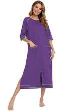 Load image into Gallery viewer, Zip Up Slit Round Neck Night Dress with Pockets
