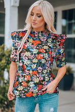 Load image into Gallery viewer, Floral Ruffle Shoulder Frill Neck Blouse
