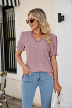 Load image into Gallery viewer, Eyelet Flounce Sleeve Scalloped V-Neck Top
