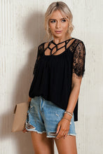 Load image into Gallery viewer, Strappy Neck Spliced Lace Eyelash Trim Blouse
