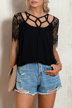 Load image into Gallery viewer, Strappy Neck Spliced Lace Eyelash Trim Blouse
