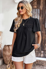 Load image into Gallery viewer, Frill Trim Round Neck Eyelet Puff Sleeve Blouse
