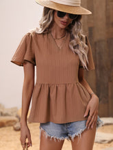 Load image into Gallery viewer, Ribbed Flutter Sleeve Notched Peplum Blouse
