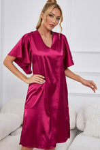 Load image into Gallery viewer, Satin Flutter Sleeve Side Slit V-Neck Night Dress
