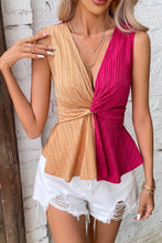 Load image into Gallery viewer, Two-Tone Twisted Plunge Peplum Sleeveless Top
