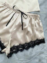 Load image into Gallery viewer, Lace Trim Cami, Shorts, Eye Mask, Scrunchie, and Bag Pajama Set
