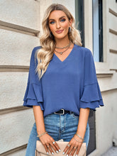 Load image into Gallery viewer, Layered Flare Sleeve Textured V-Neck Blouse
