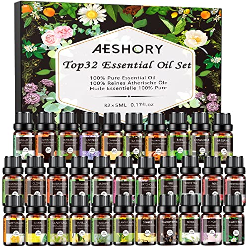 Essential Oils Set - 32x5ml Pure Aromatherapy Essential Oils Kit for Diffuser, Humidifier, Aromatherapy, Massage, Skin & Hair Care - Lavender, Tea Tree, Eucalyptus, Sandalwood, Peppermint, Rosemary