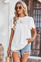 Load image into Gallery viewer, Frill Trim Round Neck Eyelet Puff Sleeve Blouse
