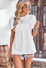 Load image into Gallery viewer, Frill Trim Round Neck Eyelet Puff Sleeve Blouse
