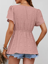 Load image into Gallery viewer, Swiss Dot Buttoned Petal Sleeve Peplum Blouse
