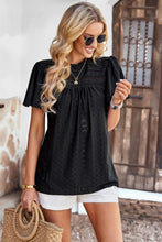 Load image into Gallery viewer, Frill Trim Round Neck Eyelet Puff Sleeve Blouse
