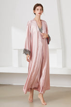 Load image into Gallery viewer, Contrast Lace Trim Satin Night Dress and Robe Set
