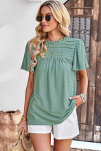 Load image into Gallery viewer, Frill Trim Round Neck Eyelet Puff Sleeve Blouse
