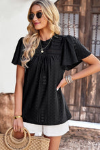 Load image into Gallery viewer, Frill Trim Round Neck Eyelet Puff Sleeve Blouse
