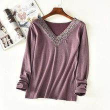 Load image into Gallery viewer, Lace Detail V-Neck Long Sleeve Lounge Top
