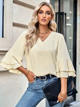 Load image into Gallery viewer, Layered Flare Sleeve Textured V-Neck Blouse
