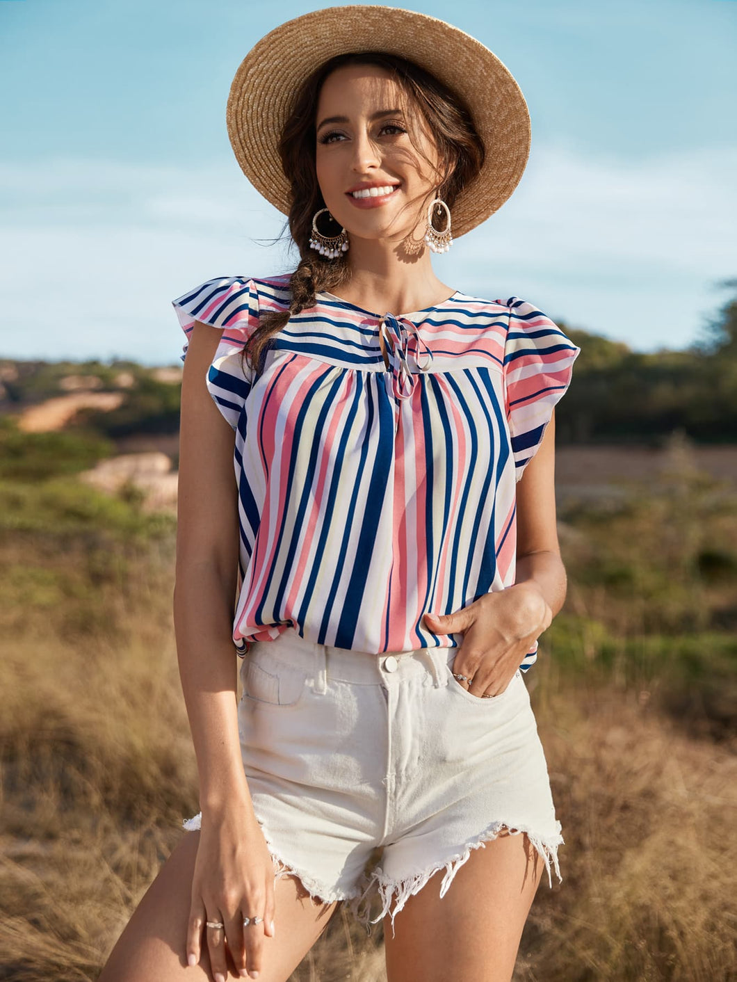 Blusa listrada manga esvoaçante amarrada