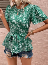 Load image into Gallery viewer, Heart Print Tie Belt Puff Sleeve Blouse
