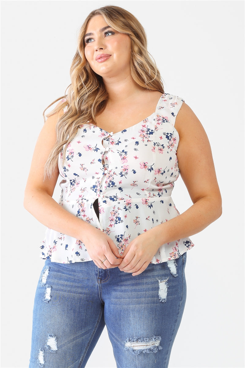 Plus Floral com botões sem mangas e bainha flare