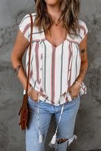 Load image into Gallery viewer, Striped V-Neck Tassel Tie Blouse
