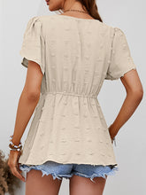 Load image into Gallery viewer, Swiss Dot Buttoned Petal Sleeve Peplum Blouse
