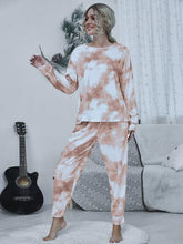 Carregar imagem no visualizador da galeria, Tie-dye Round Neck Top and Drawstring Pants Lounge Set
