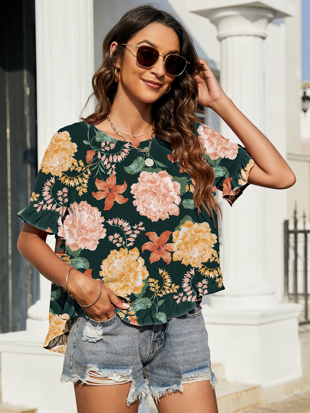 Blusa floral manga babado com babados