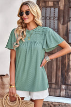 Load image into Gallery viewer, Frill Trim Round Neck Eyelet Puff Sleeve Blouse
