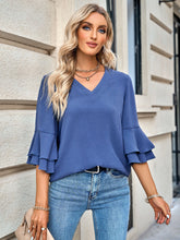 Load image into Gallery viewer, Layered Flare Sleeve Textured V-Neck Blouse
