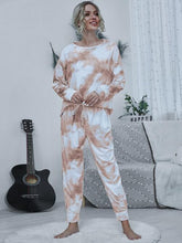 Carregar imagem no visualizador da galeria, Tie-dye Round Neck Top and Drawstring Pants Lounge Set
